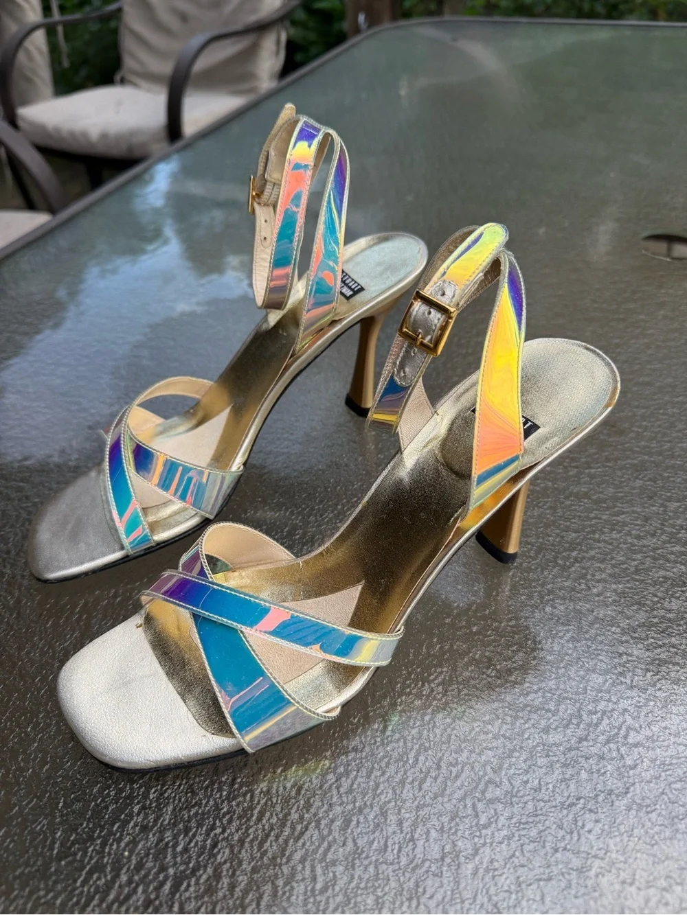 Stuart Weitzman Vintage Monami Mystic Vinyl Iridescent Holographic Heels 7.5
